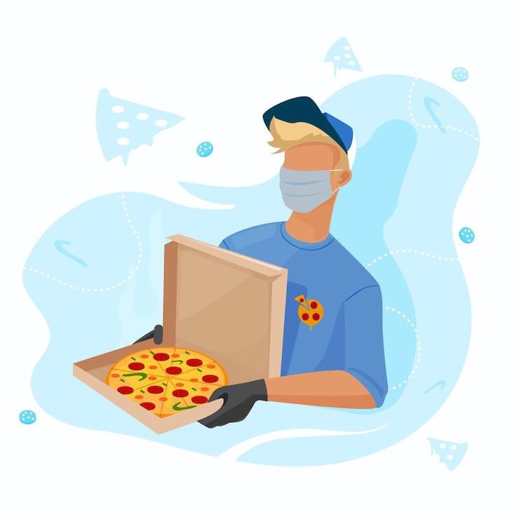 Vettore il ragazzo delle consegne della pizza porta la pizza a casa in modo rapido e sicuro il ragazzo indossa una maschera protettiva e guanti