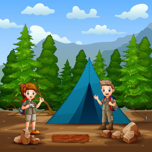 Il ragazzo e la ragazza scout si accampano nell'illustrazione della foresta forest