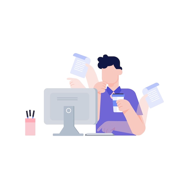 Il ragazzo sta lavorando e bevendo caffè