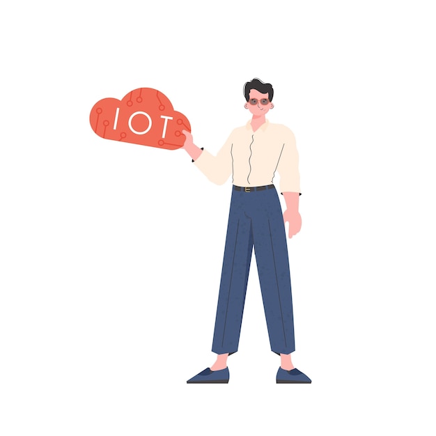 Il ragazzo tiene il logo IoT nelle sue mani Concetto di Internet delle cose isolato Illustrazione vettoriale di stile piatto alla moda