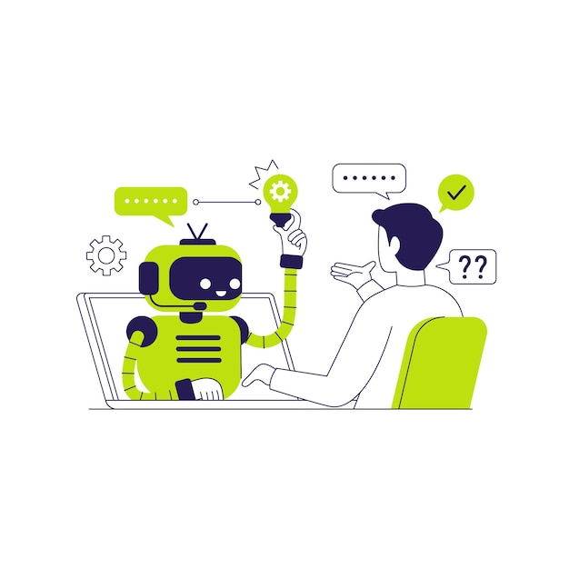 Il robot AI aiuta un essere umano a risolvere un compito di lavoro dando un'idea