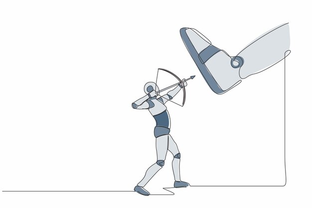 Il robot che disegna una linea continua mira l'arco contro scarpe giganti che calpestano l'illustrazione del design