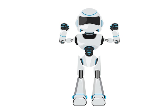 Il robot di disegno di business design sta in posa forte Robot con gesti a due mani pugno in su Robot umanoide organismo cibernetico Futuro sviluppo tecnologico robotico Illustrazione vettoriale in stile cartone animato piatto