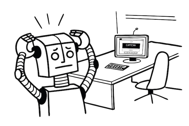 Il robot ha problemi con il captcha. Non sono un robot sul computer. Illustrazione vettoriale line art.