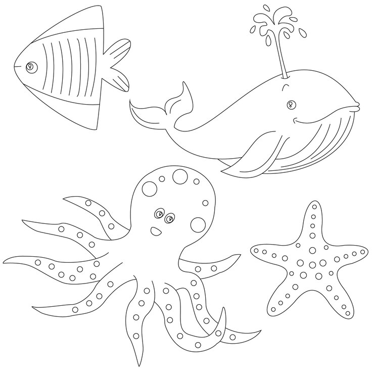 il set di clipart di creature marine delineate in stile cartone animato include 4 animali acquatici per bambini e ragazzi