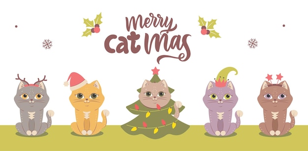 Il set di diversi gatti per i disegni del logo di Buon Natale, ecc. La collezione di animali invernali
