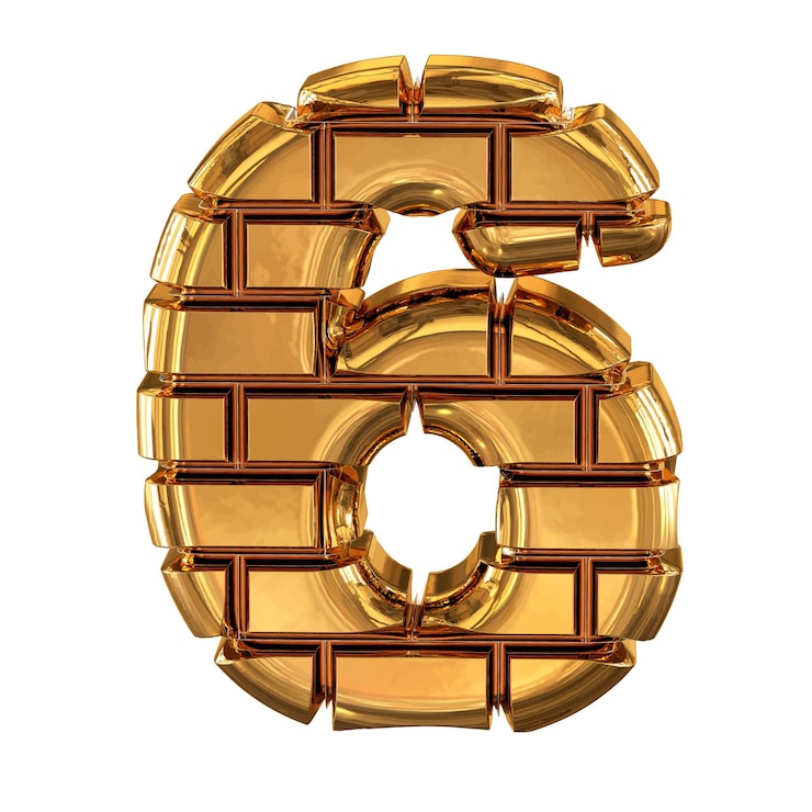 Vettore il simbolo 3d fatto di mattoni d'oro numero 6