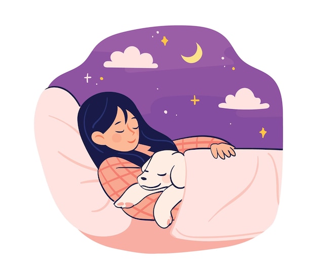 Il simpatico cane e la donna dormono insieme a letto