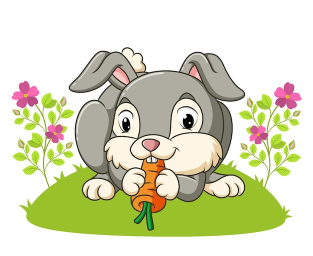 Il simpatico coniglio sta mangiando la carota nel giardino dell'illustrazione