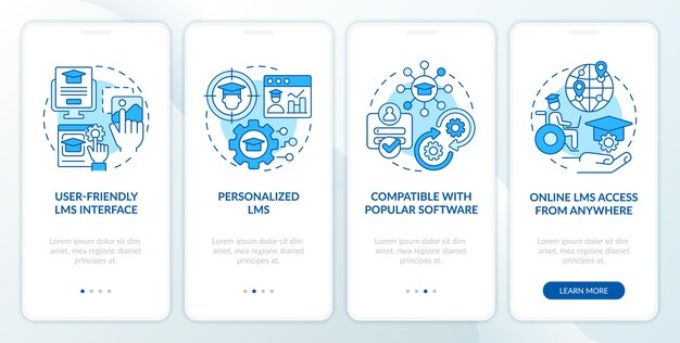 Il sistema di gestione dell'apprendimento presenta una schermata dell'app mobile di onboarding blu