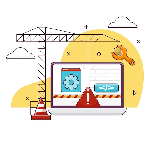 Il sito web in costruzione illustrazione portatile con strumenti di riparazione codifica e programmazione