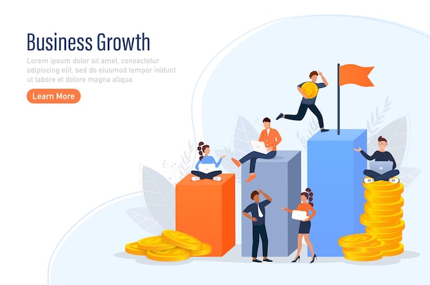 Il team aziendale che cammina sulla scala del successo o sulla pagina web del banner dei gradini Concetto di design piatto dell'analisi e della pianificazione aziendale aumenta la crescita del business dei profitti