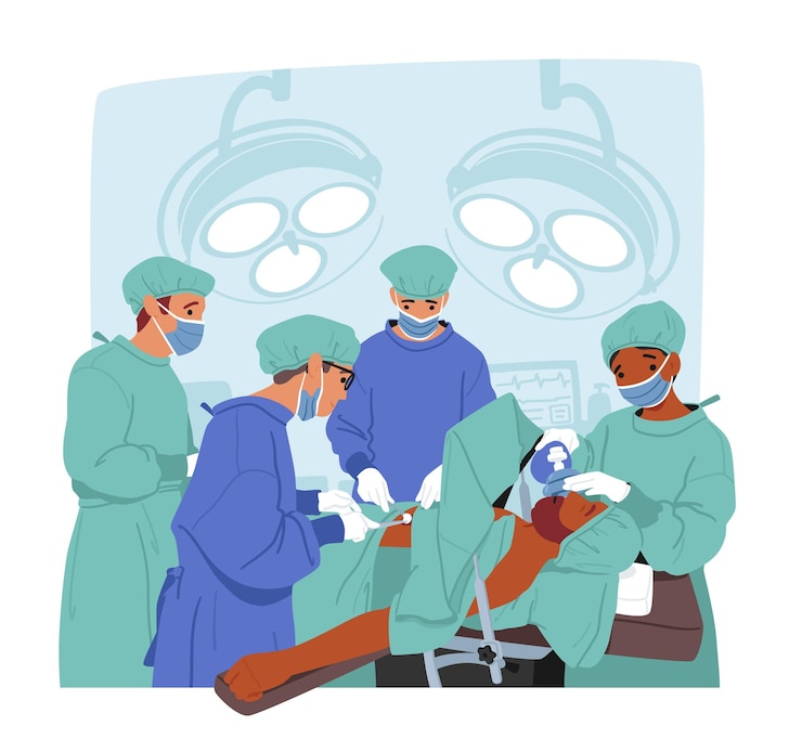 Vettore il team dei personaggi chirurgici esegue incisioni precise rimuove o ripara i tessuti e utilizza la tecnologia avanzata per garantire il successo degli interventi chirurgici e il recupero del paziente illustrazione vettoriale delle persone dei cartoni animati
