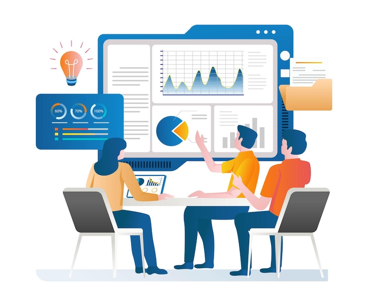 Vettore il team di lavoro sta discutendo l'analisi del business degli investimenti