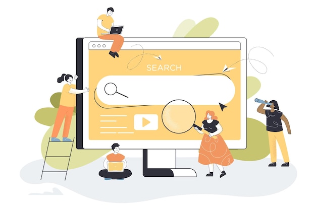 Il team SEO cerca informazioni online sull'enorme schermo del computer. Pagina dei risultati del motore di ricerca o SERP, crescita organica dell'illustrazione vettoriale piatta del sito. Marketing, concetto di ricerca per banner, progettazione di siti Web