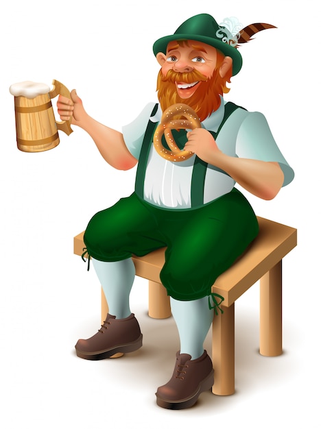 Il tedesco in costume tradizionale con la barba rossa beve birra. Festa della birra dell'Oktoberfest
