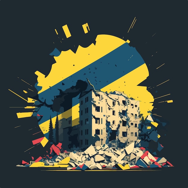 Il terremoto in Siria ha distrutto la città - danni da terremoto - con l'illustrazione del vettore a colori della bandiera della Siria