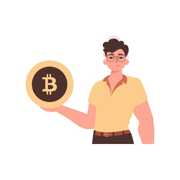 Il tizio sta tenendo Bitcoin Personaggio in stile trendy