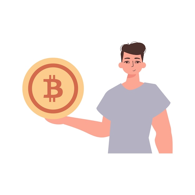 Il tizio tiene una moneta bitcoin nelle mani Personaggio in uno stile moderno e alla moda