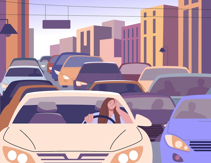Vettore il traffico mattutino in città e la donna che guida addormentata la donna che guida l'auto si muove lentamente nel flusso automatico urbano la ragazza stanca e i problemi della città moderna il concetto vettoriale del traffico urbano illustrazione mattutina