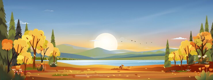 Vettore il tramonto d'autunno su un lago tranquillo
