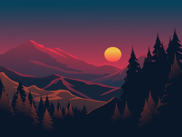 Il tramonto incandescente sulla montagna Vector paesaggio naturale