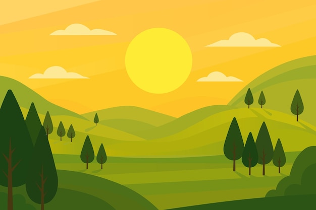 Il tramonto sulle colline ondulate con gli alberi e un sole brillante
