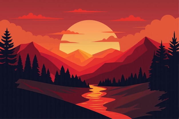 Il tramonto sulle montagne con fiumi e alberi