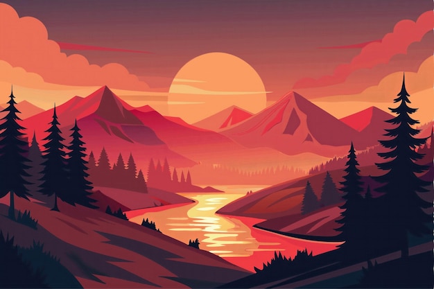 Il tramonto sulle montagne con un fiume che scorre attraverso la valle
