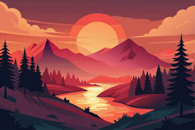 Il tramonto sulle montagne e sul fiume