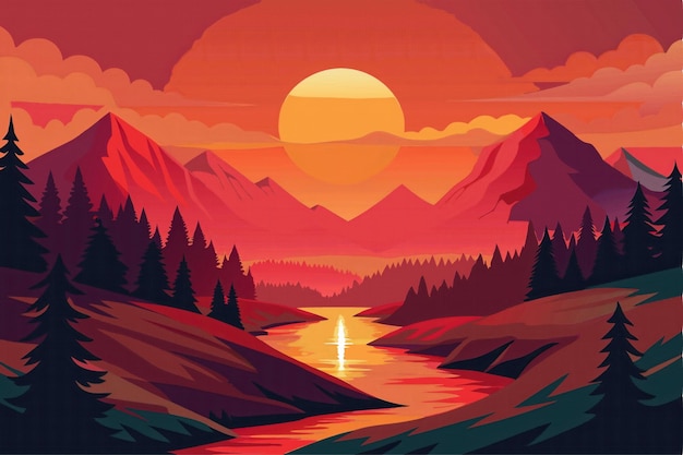 Il tramonto sulle montagne e sul fiume
