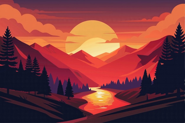 Il tramonto sulle montagne e sul fiume