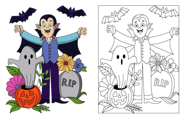 Il vampiro di Halloween con Boo è uscito nell'illustrazione da colorare del pipistrello dei fiori della tomba del RIP della zucca