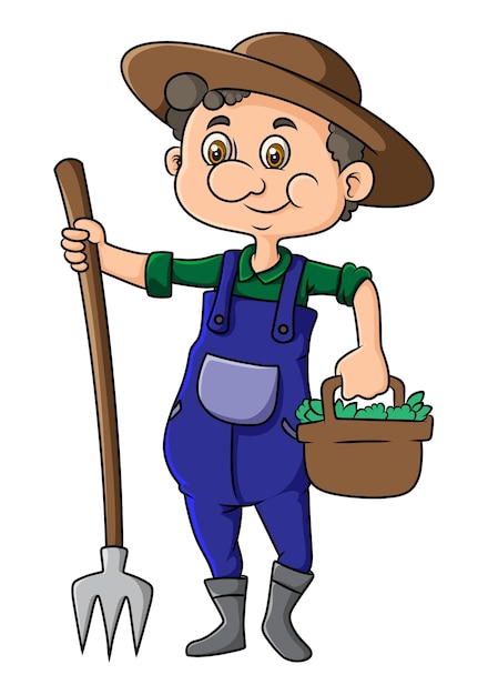 Il vecchio contadino tiene il forcone e il cesto di verdure dell'illustrazione