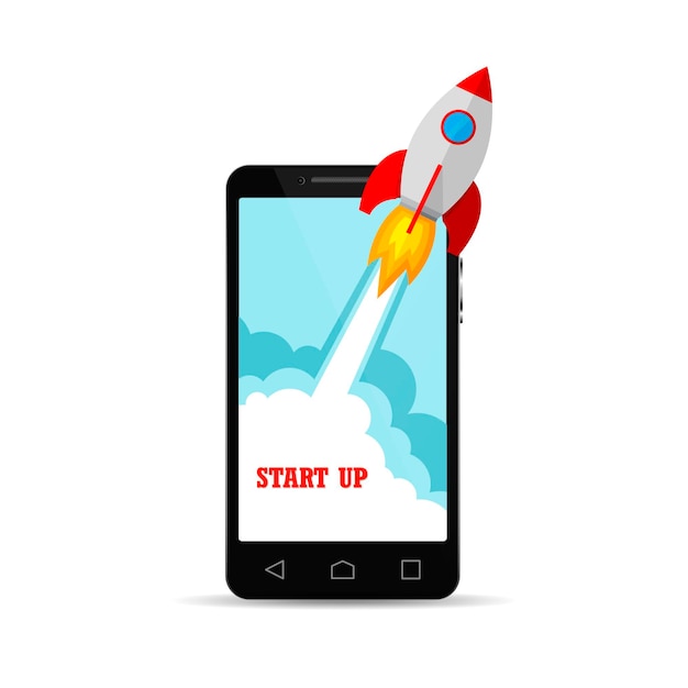 Il veicolo spaziale si schianta fuori dallo schermo dello smartphone. Sviluppo di avvio di nuovi progetti aziendali e lancio di nuovi prodotti o servizi. Illustrazione vettoriale.