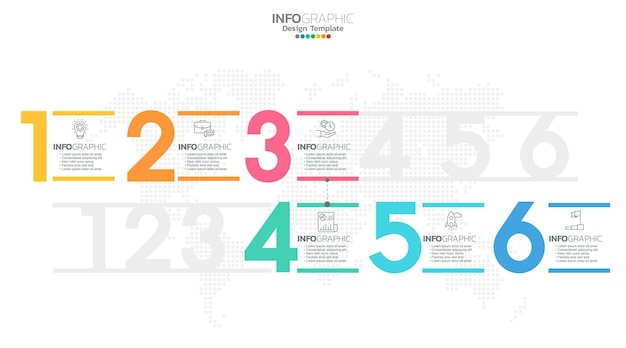 Il vettore di infografica timeline con 6 passaggi può essere utilizzato per il web design del rapporto annuale del diagramma di layout del flusso di lavoro