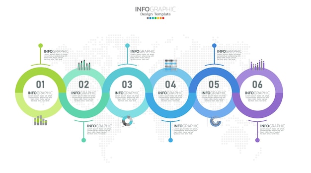 Il vettore infografico della sequenza temporale con 6 passaggi può essere utilizzato per il rapporto annuale del diagramma di layout del flusso di lavoro