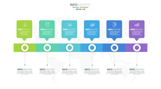 Il vettore infografico della sequenza temporale con 6 passaggi può essere utilizzato per il rapporto annuale del diagramma di layout del flusso di lavoro