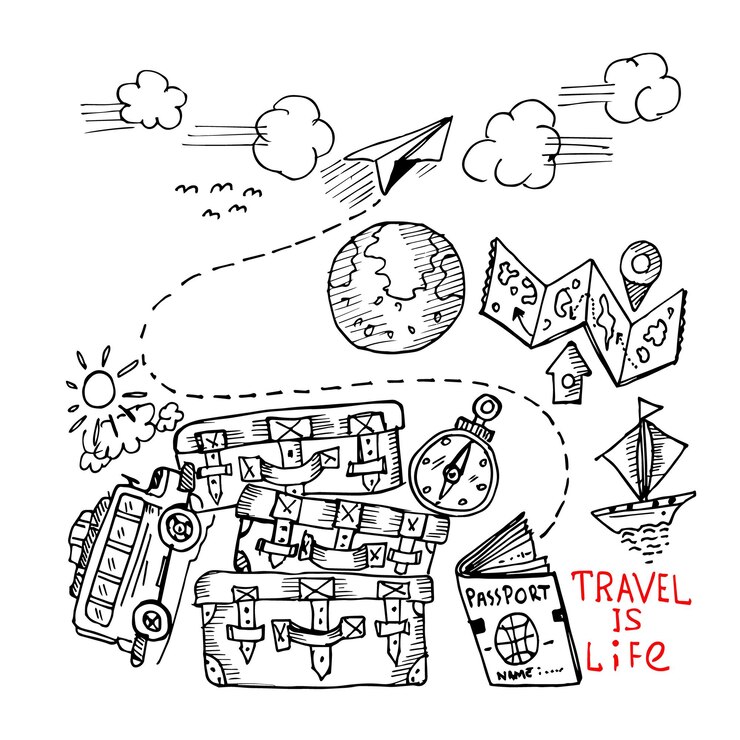 Vettore il viaggio è vita, illustrazione di doodle