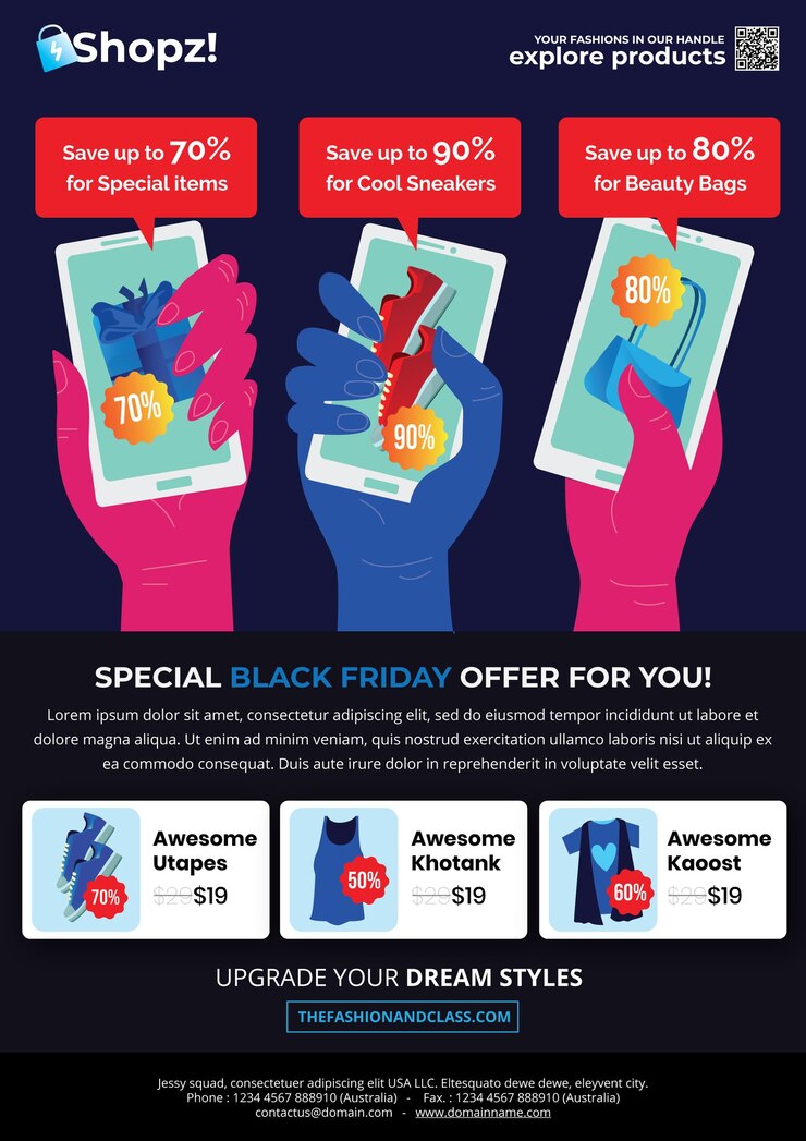 Vettore il volantino della moda del black friday con tre mani mostra diverse informazioni sugli articoli in primo piano e sul menu di moda nella sezione centrale