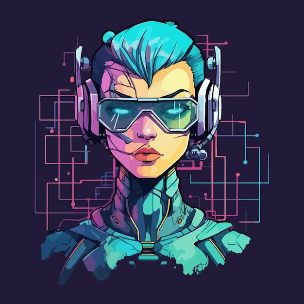 Il volto del personaggio in stile virtuale futuristico di illustrazione di adesivi cyberpunk