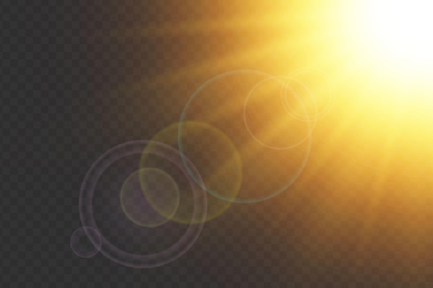 Illuminazione solare con raggi luminosi e effetto luminoso raggio dorato lucido con abbagliamento trasparente ideale