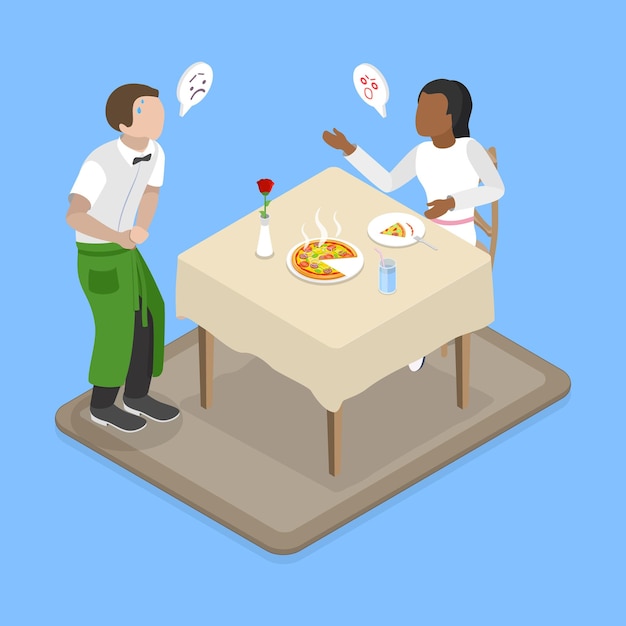 Illustrazione 3D a vettore piatto isometrico di un cliente insoddisfatto di un ristorante