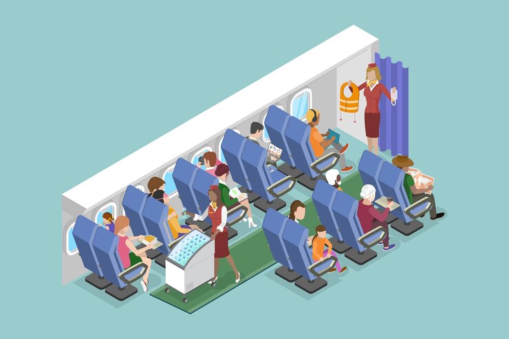 Vettore illustrazione 3d a vettori piatti isometrici della classe economica dell'aereo