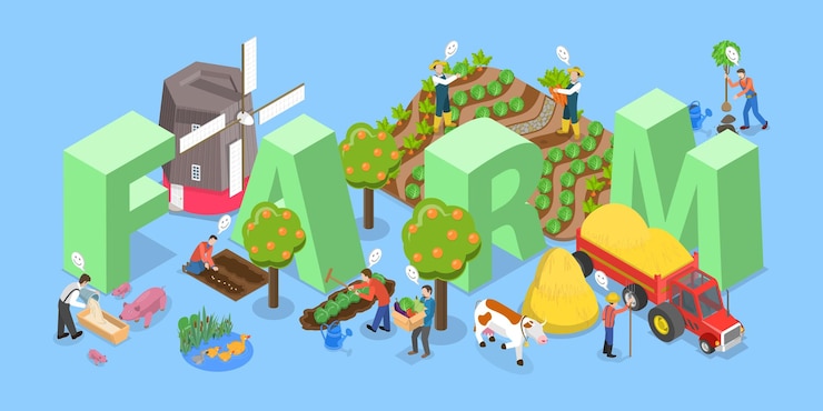 Vettore illustrazione 3d a vettori piatti isometrici di una fattoria