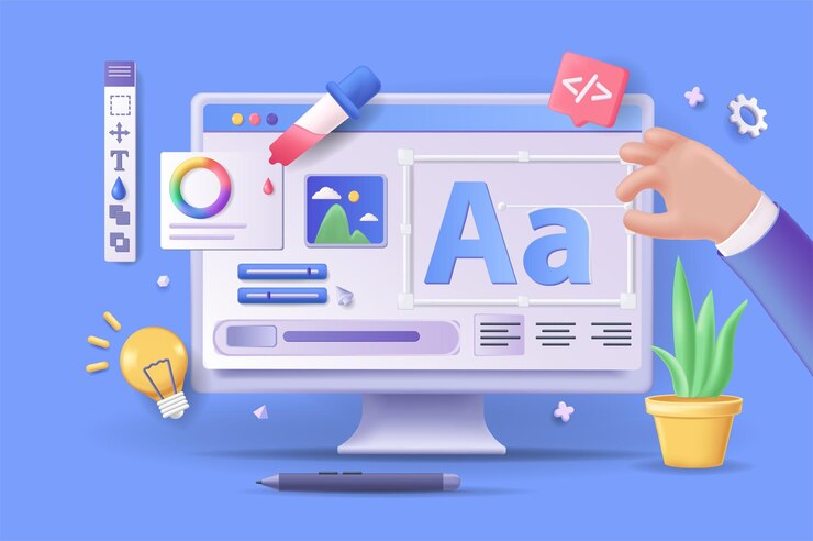 Vettore illustrazione 3d del concetto di design ui ux composizione dell'icona con display del computer con grafica di disegno