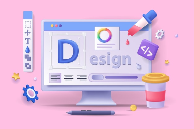 Illustrazione 3D del concetto di design Ui UX Composizione dell'icona con display del computer con processo