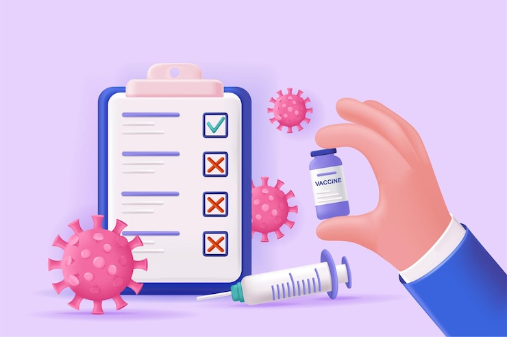 Vettore illustrazione 3d del concetto di vaccinazione covid19 composizione dell'icona con virus della siringa del questionario medico e bottiglia con vaccino immunità e assistenza sanitaria illustrazione vettoriale per il web design moderno