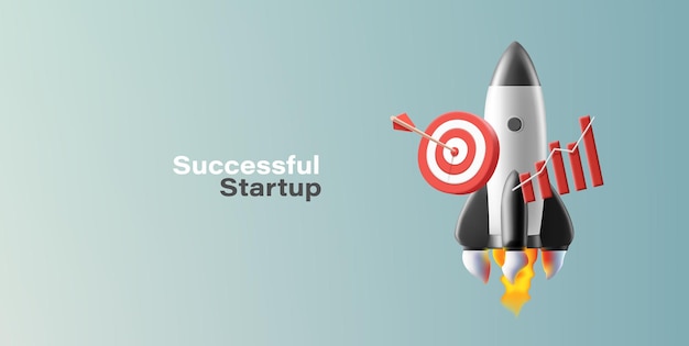 Illustrazione 3D del lancio di un razzo con grafico a barre e composizione del lancio di successo del target board banner del servizio web