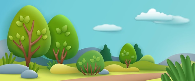 Illustrazione 3d del paesaggio estivo. Sfondo naturale con alberi verdi, cespugli e percorso in stile cartone animato. Natura, estate, stagione, concetto di foresta